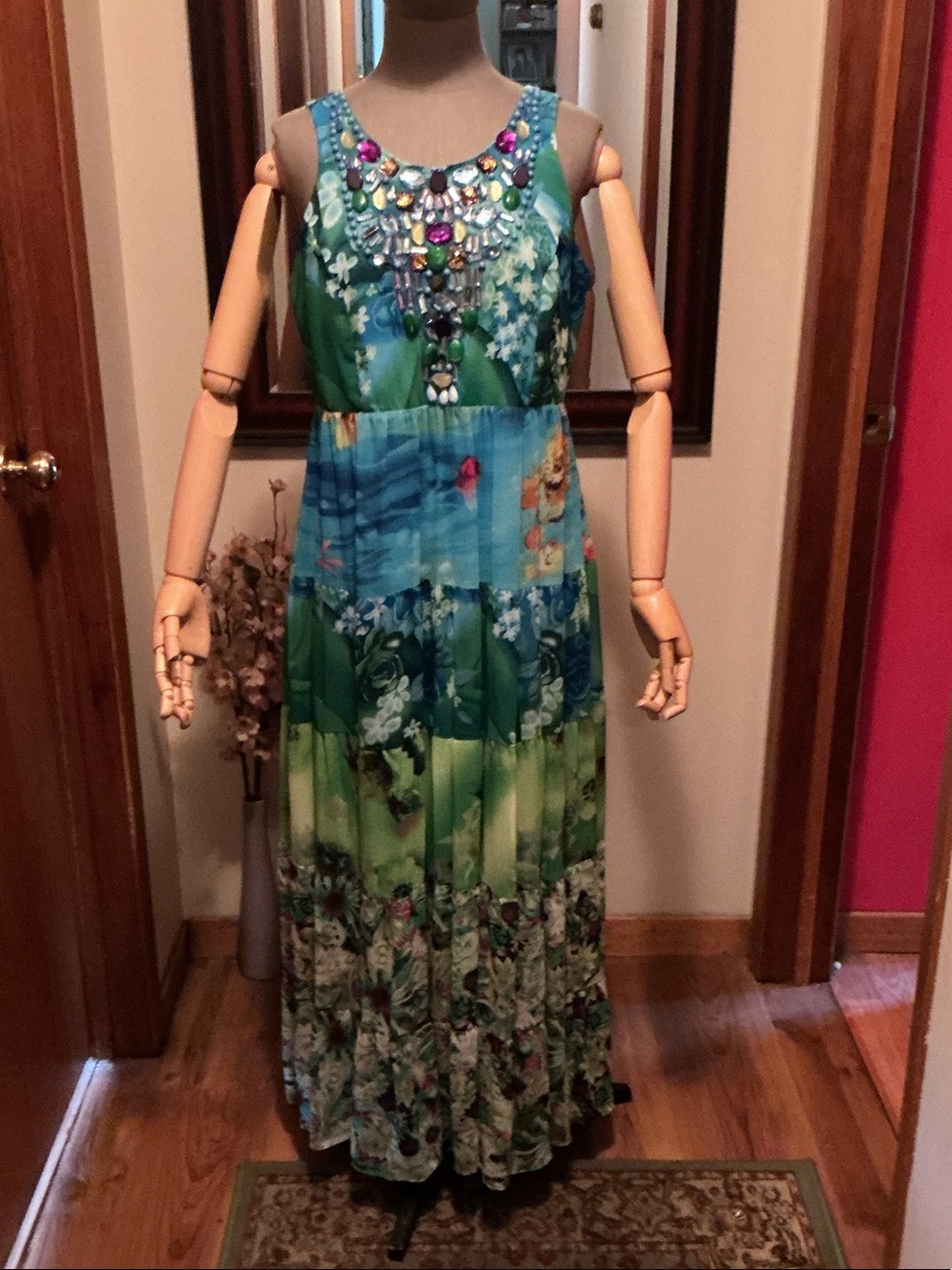 DG2 by Diane Gilman Blue and Green Jeweled Tiered Maxi Dress